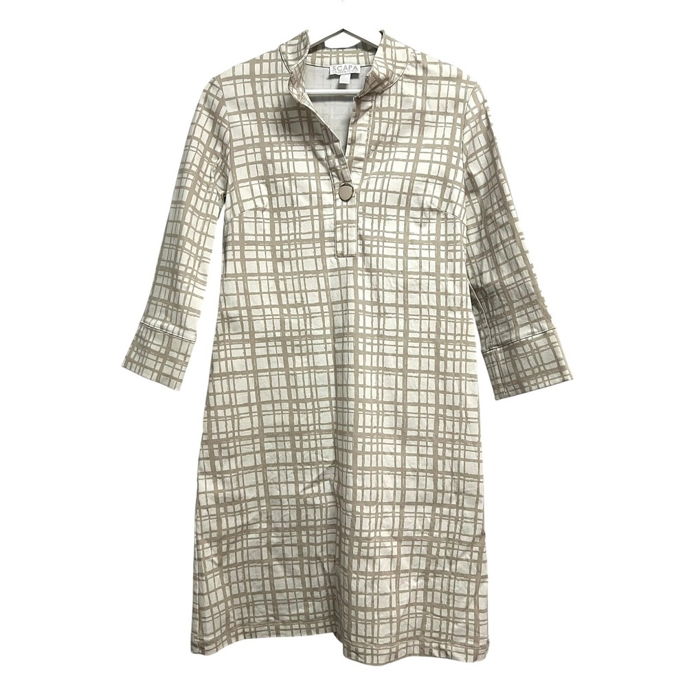 Scapa Lauren Perre Shift Dress Womens Size S Beige Grid Mock Neck 3/4 Sleeve Mod